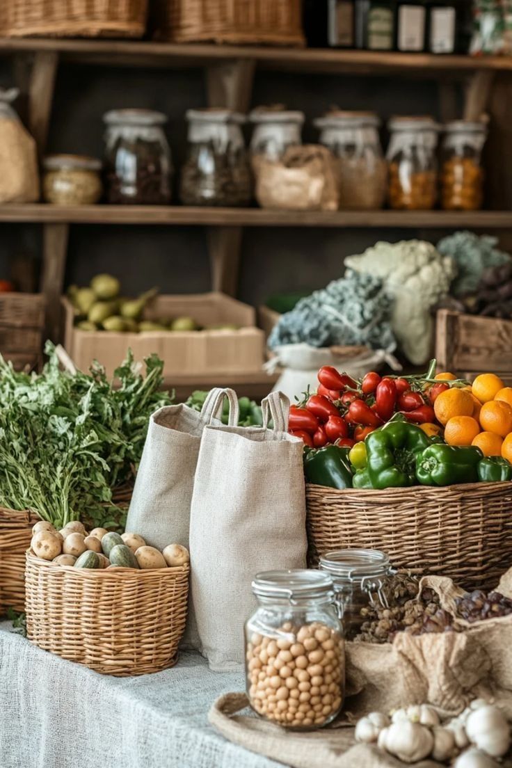 Assorted seasonal vegetables and grains arranged neatly on a linen surface