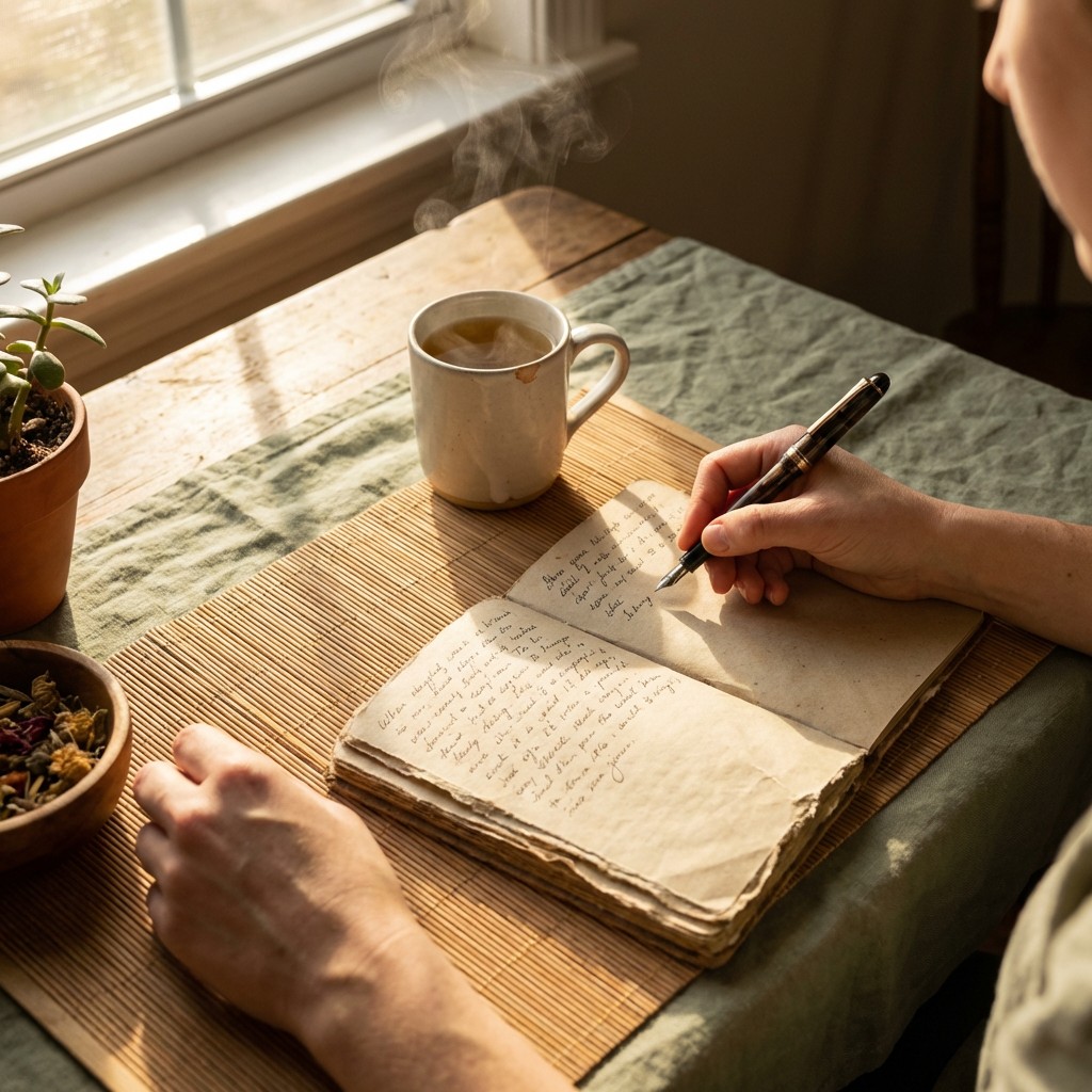 Open notebook with handwritten reflections beside a cup of tea on a wooden desk